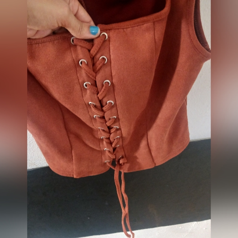 Women Khaki Brown Lace Up Sexy Top - Picture 4 of 8